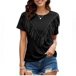 Black Short-Sleeve Fringe Studded Blouse